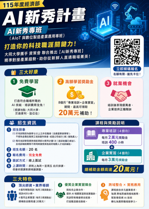 ★★★經濟部AI新秀_AIoT 與數位製造產業應用專班報名~甄選開跑囉★★★圖片